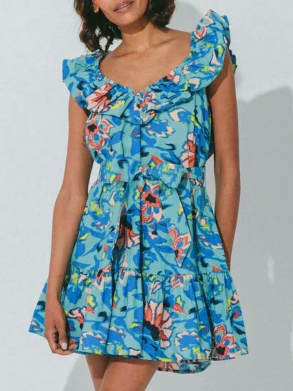 New Cleobella Rina 100% Cotton Floral Ruffle Mini Dress Calypso Blue Small $238